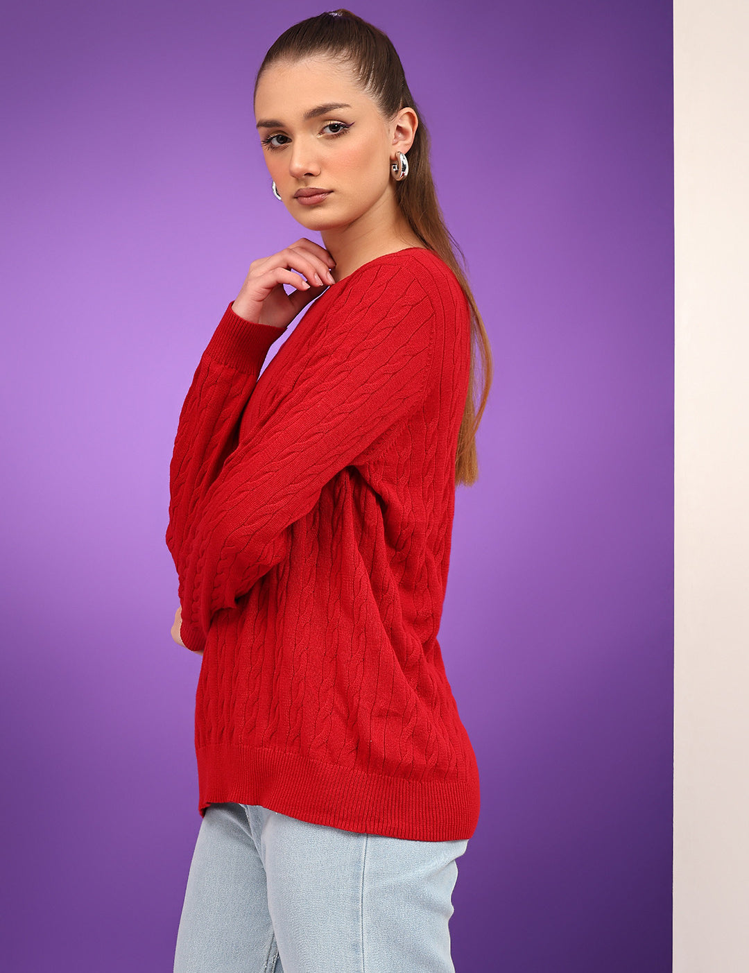 KOTTY Solid Round Neck Casual Women Red Sweater 