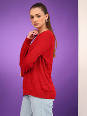 KOTTY Solid Round Neck Casual Women Red Sweater 