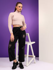 KOTTY Solid High Neck Casual Women Pink Sweater 