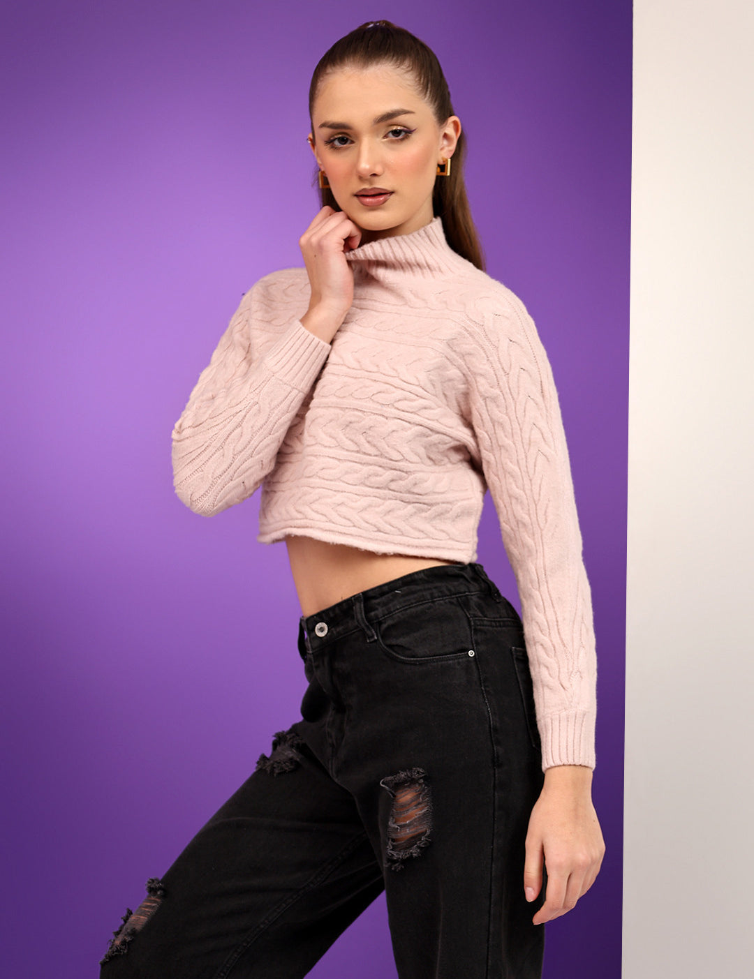 KOTTY Solid High Neck Casual Women Pink Sweater 