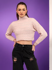 KOTTY Solid High Neck Casual Women Pink Sweater 