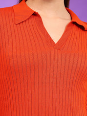 KOTTY Solid Collared Neck Casual Women Orange Sweater 