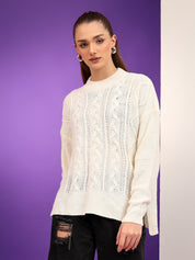 KOTTY Solid Round Neck Casual Women White Sweater 