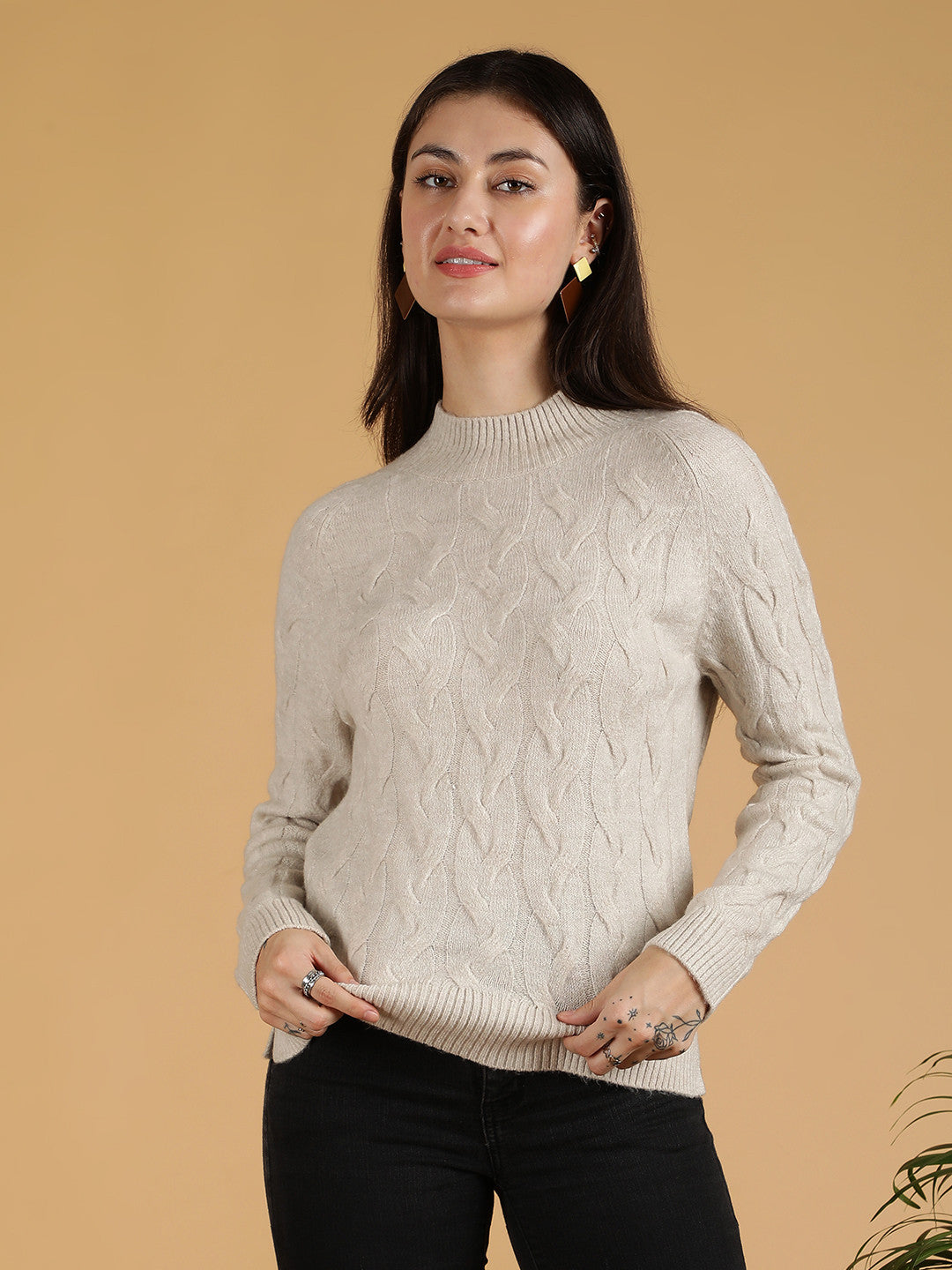 KOTTY Self Design Turtle Neck Casual Women Grey Sweater 