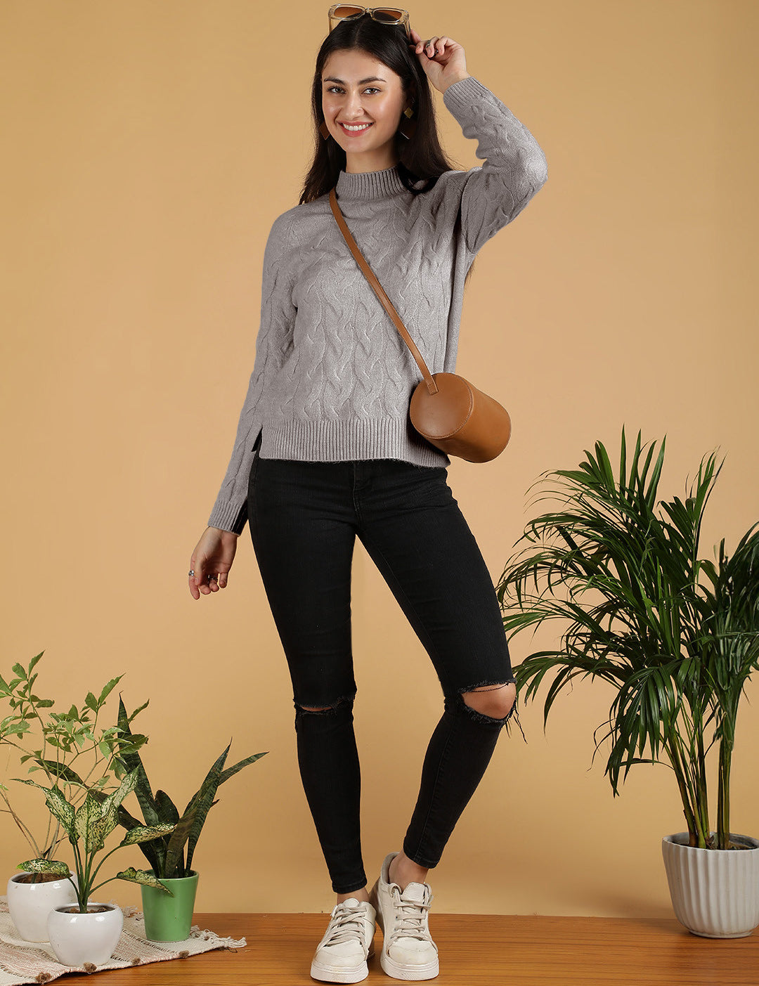 KOTTY Solid High Neck Casual Women Grey Sweater 
