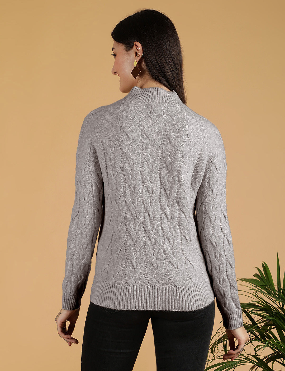 KOTTY Solid High Neck Casual Women Grey Sweater 