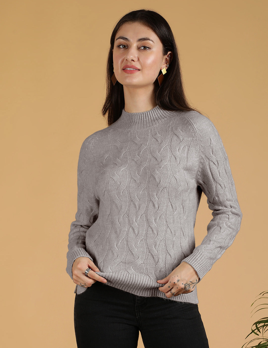 KOTTY Solid High Neck Casual Women Grey Sweater 