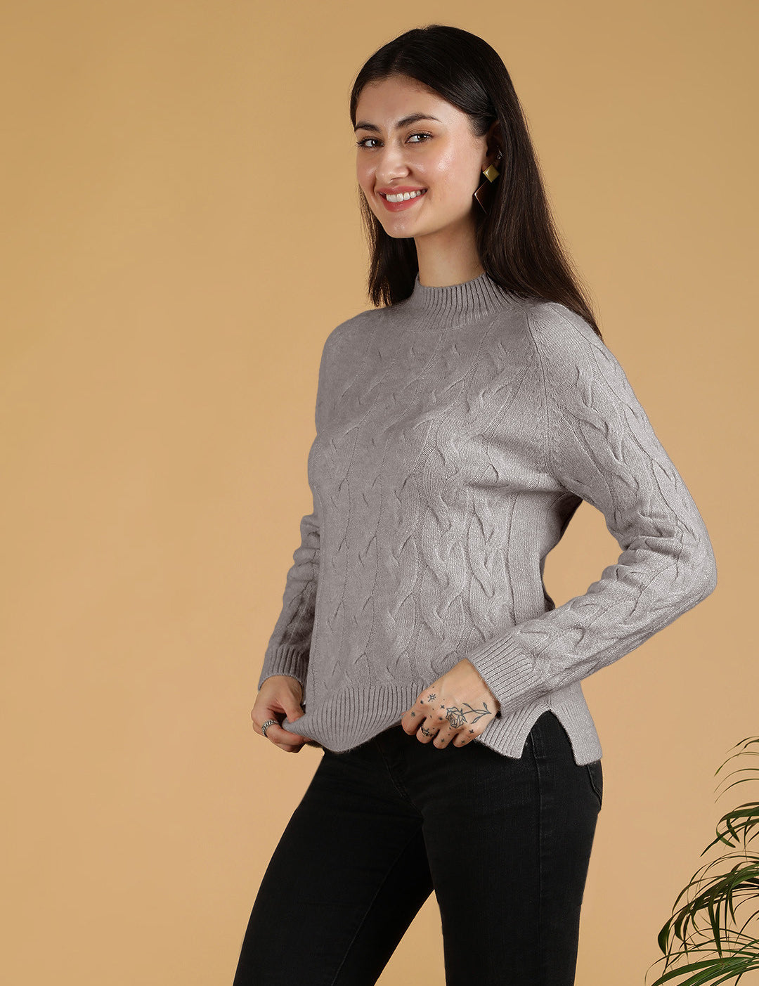 KOTTY Solid High Neck Casual Women Grey Sweater 