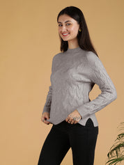 KOTTY Solid High Neck Casual Women Grey Sweater 