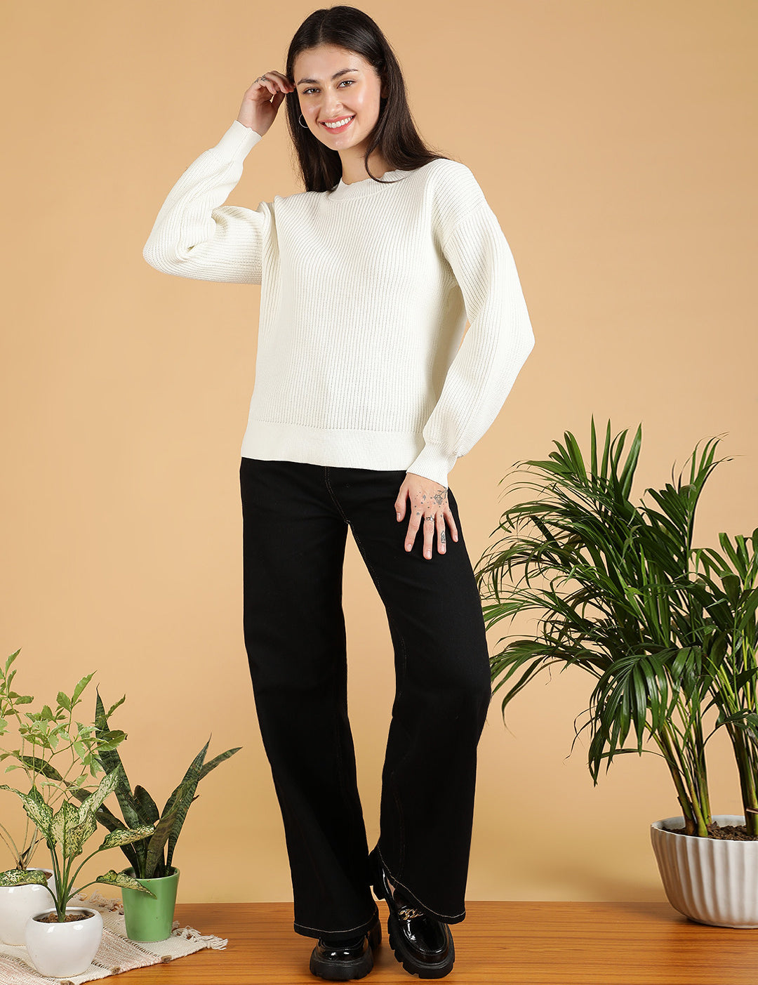 KOTTY Self Design Round Neck Casual Women White Sweater 