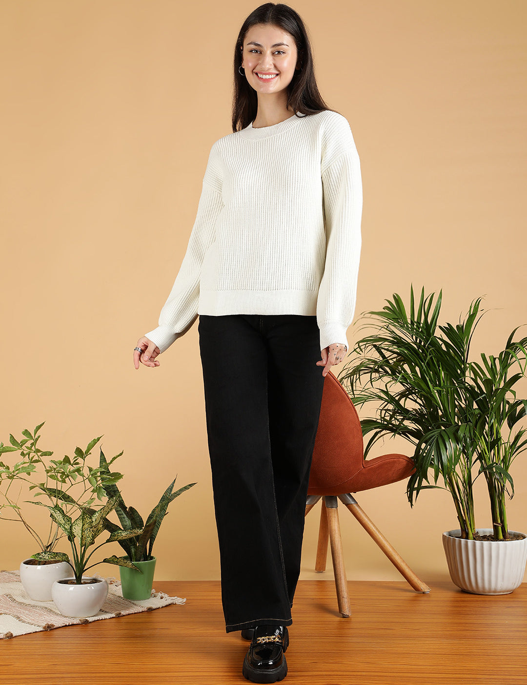 KOTTY Self Design Round Neck Casual Women White Sweater 