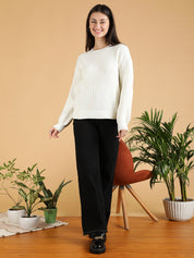 KOTTY Self Design Round Neck Casual Women White Sweater 