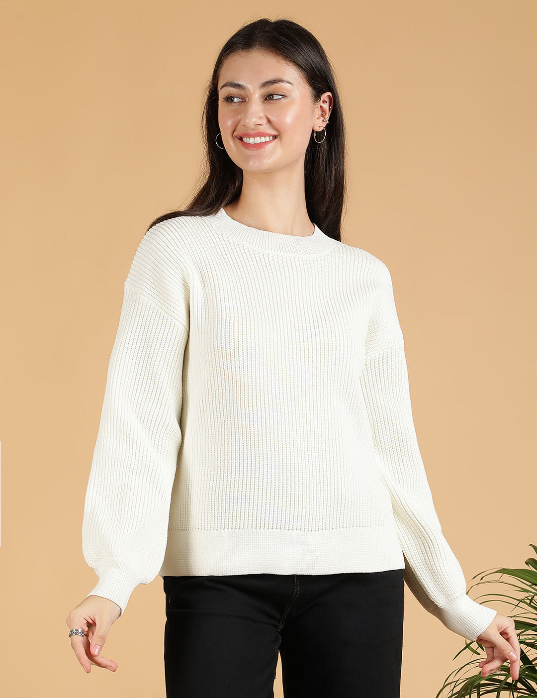 KOTTY Self Design Round Neck Casual Women White Sweater 