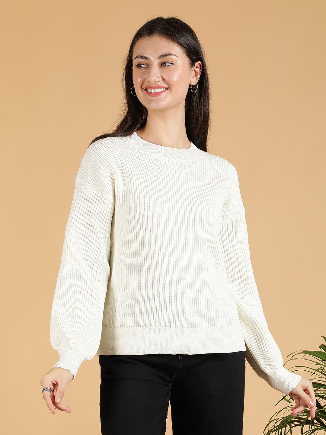 KOTTY Self Design Round Neck Casual Women White Sweater 
