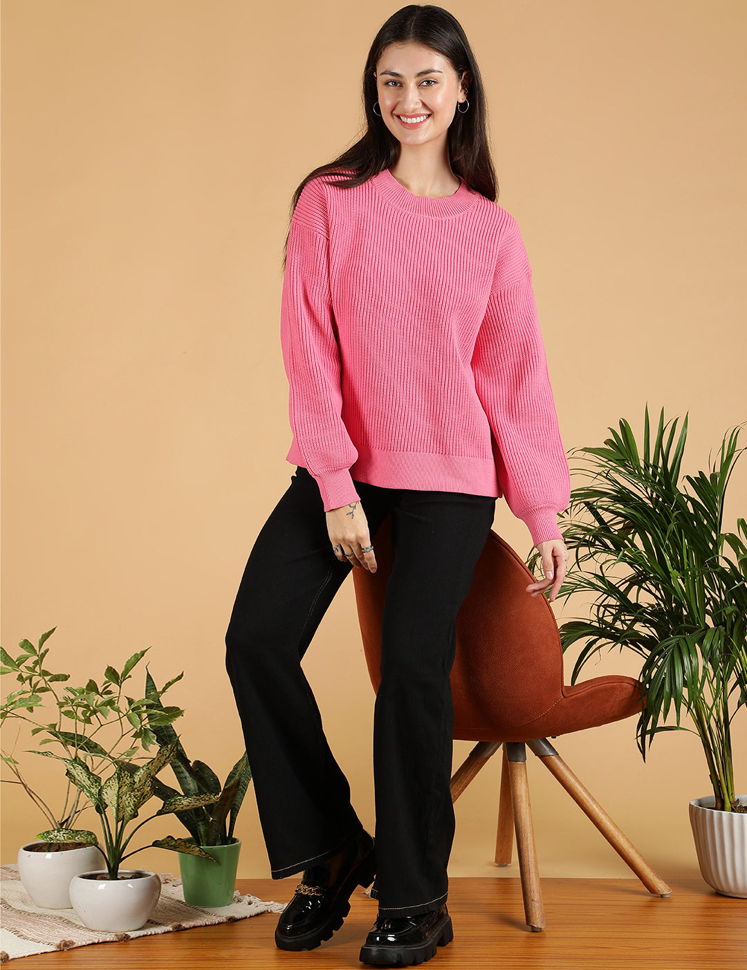 KOTTY Solid Round Neck Casual Women Pink Sweater 