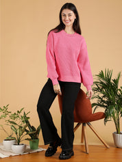 KOTTY Solid Round Neck Casual Women Pink Sweater 