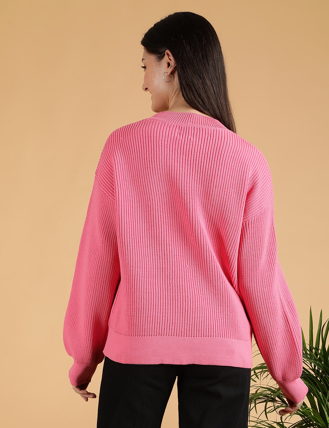 KOTTY Solid Round Neck Casual Women Pink Sweater 