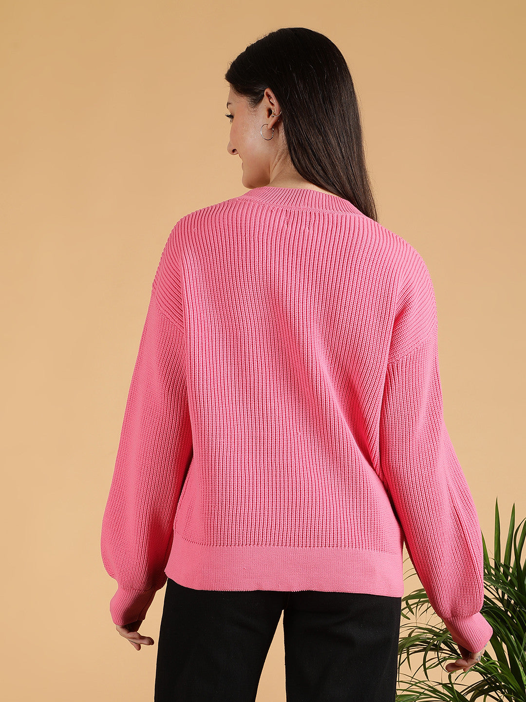 KOTTY Solid Round Neck Casual Women Pink Sweater 