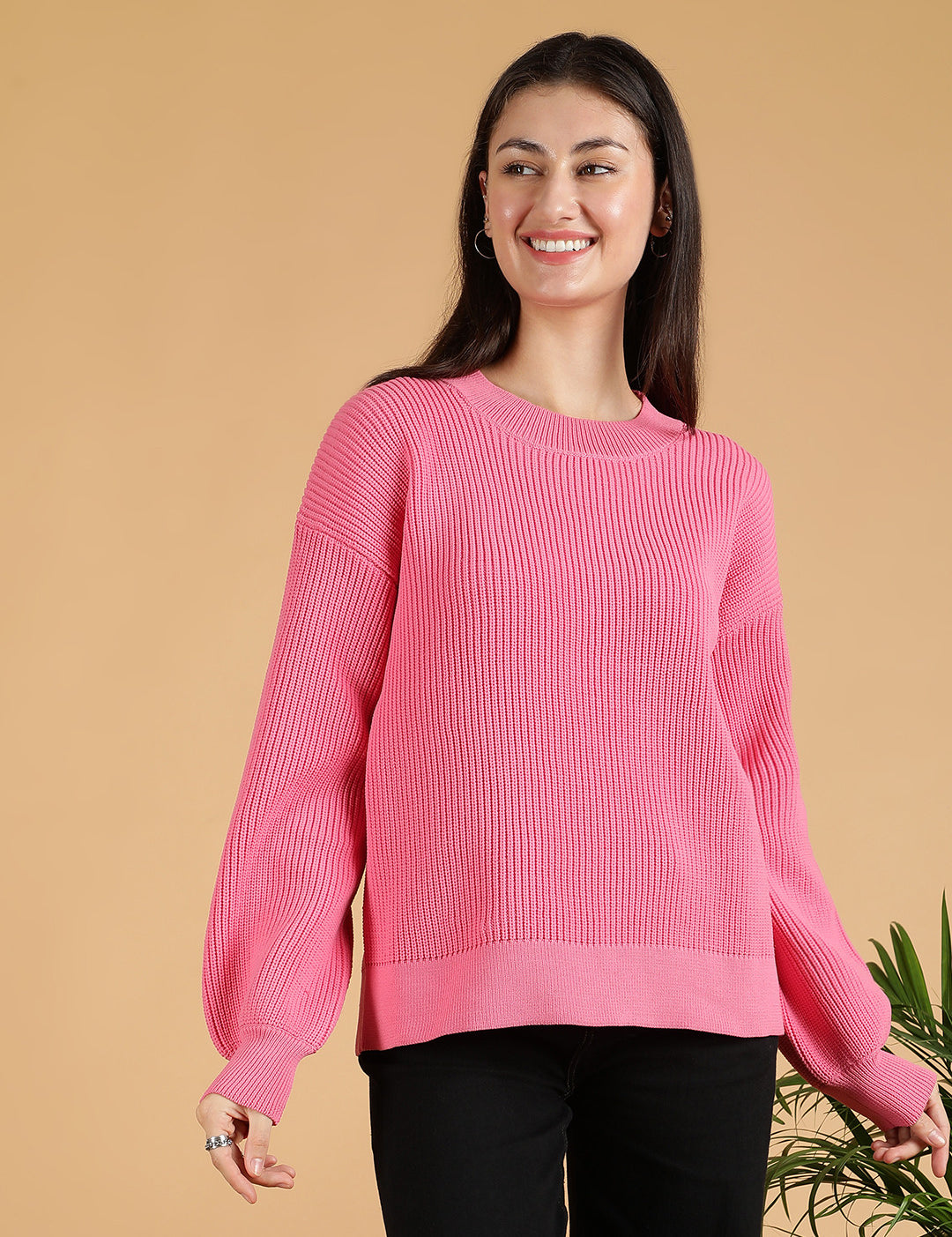 KOTTY Solid Round Neck Casual Women Pink Sweater 