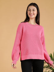 KOTTY Solid Round Neck Casual Women Pink Sweater 