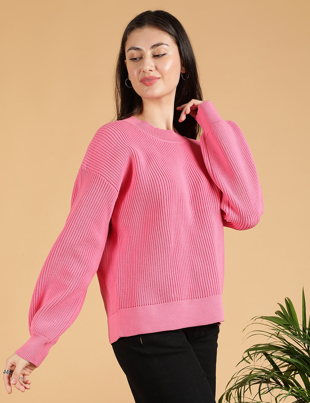KOTTY Solid Round Neck Casual Women Pink Sweater 