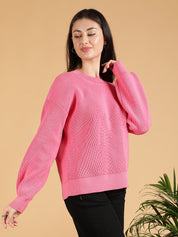 KOTTY Solid Round Neck Casual Women Pink Sweater 