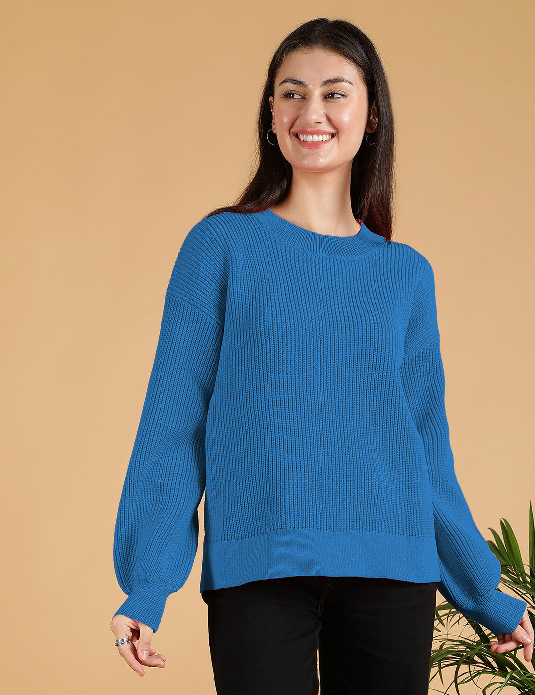 KOTTY Solid Round Neck Casual Women Blue Sweater 