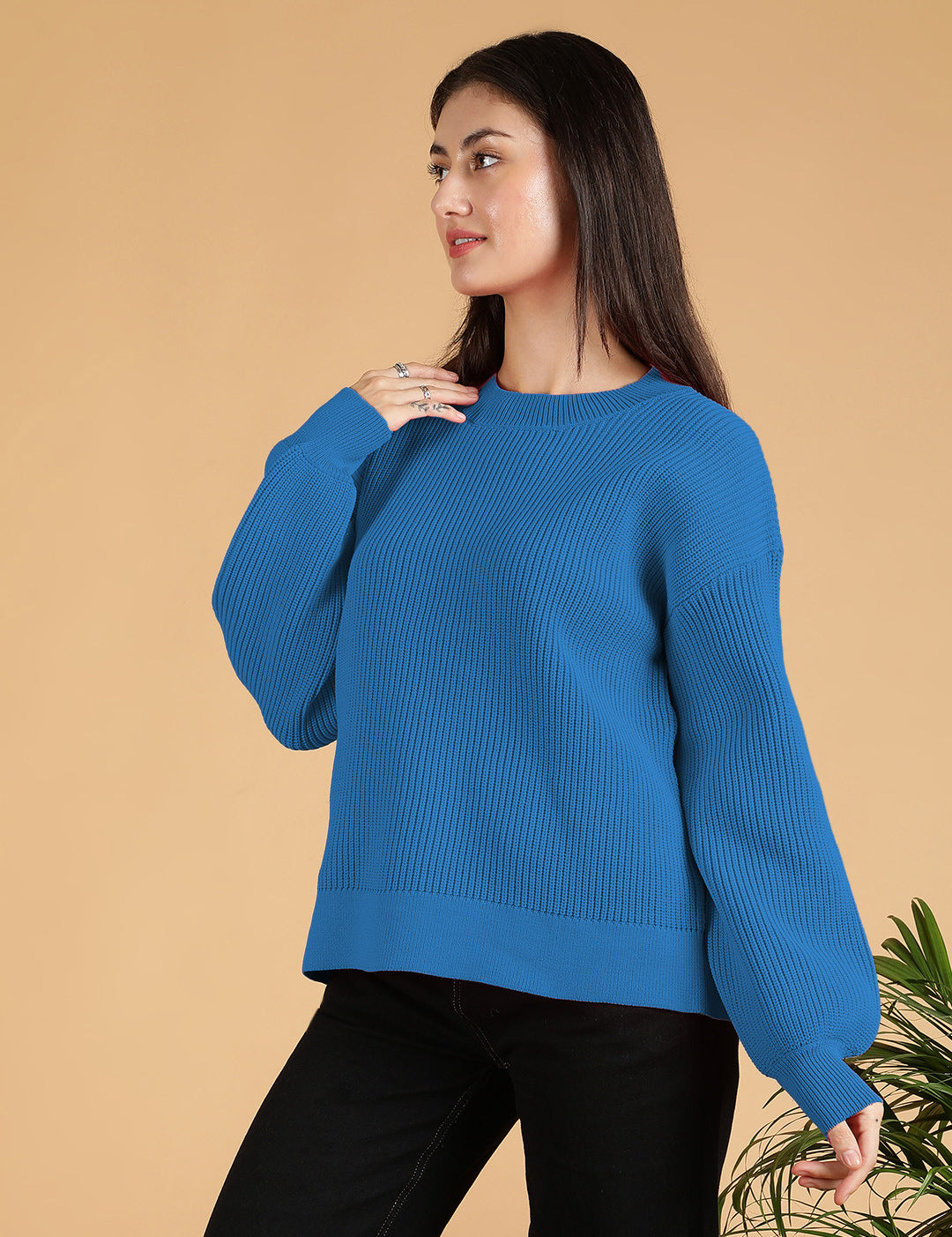 KOTTY Solid Round Neck Casual Women Blue Sweater 