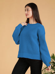 KOTTY Solid Round Neck Casual Women Blue Sweater 