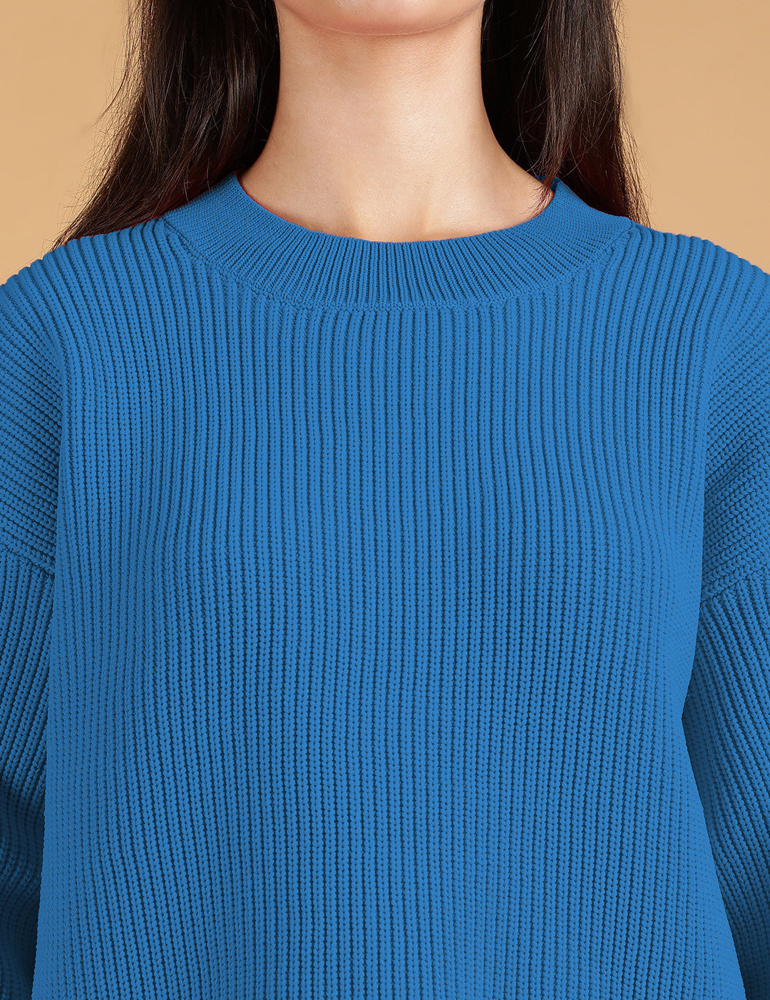 KOTTY Solid Round Neck Casual Women Blue Sweater 