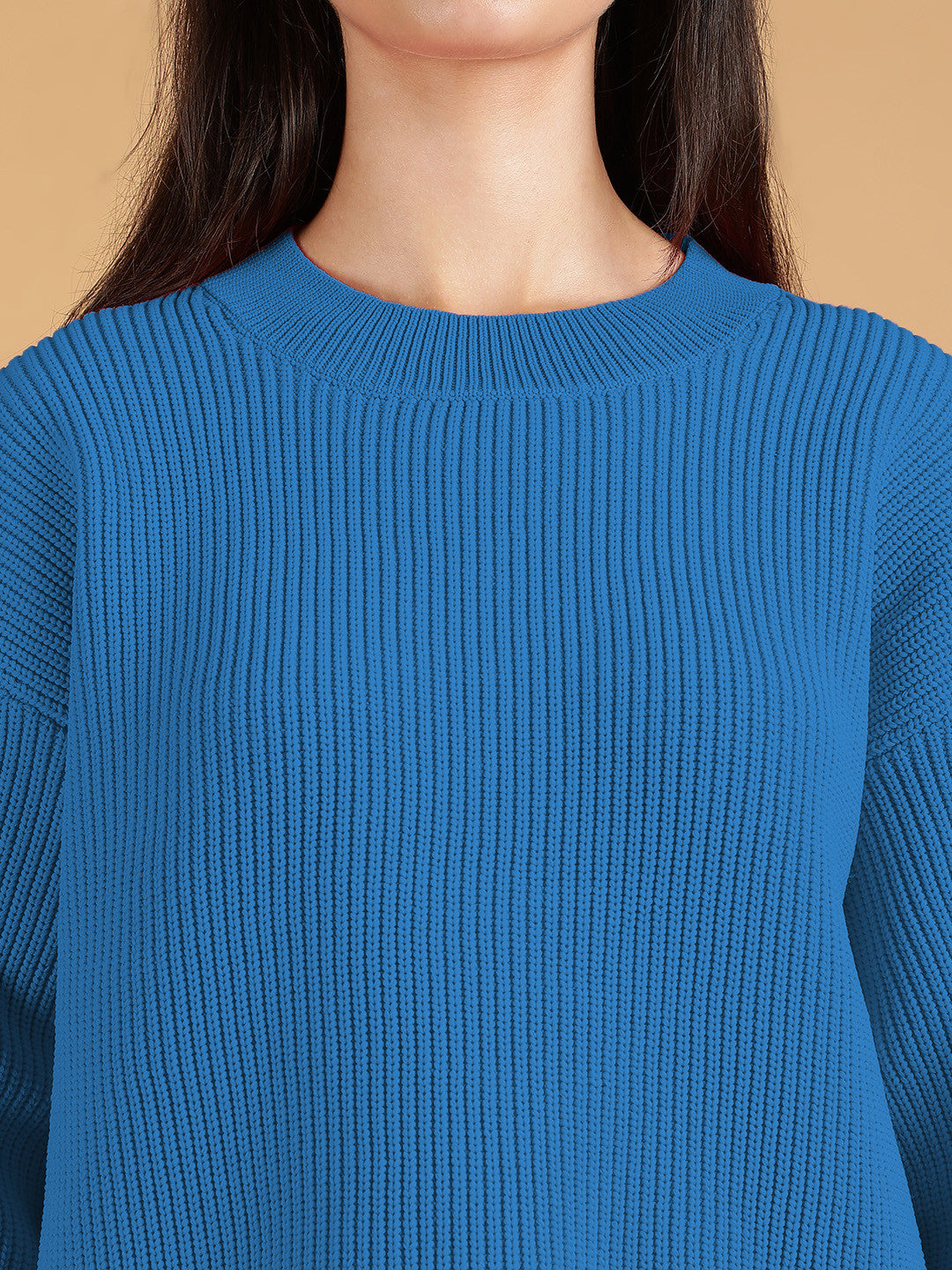 KOTTY Solid Round Neck Casual Women Blue Sweater 