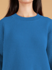 KOTTY Solid Round Neck Casual Women Blue Sweater 