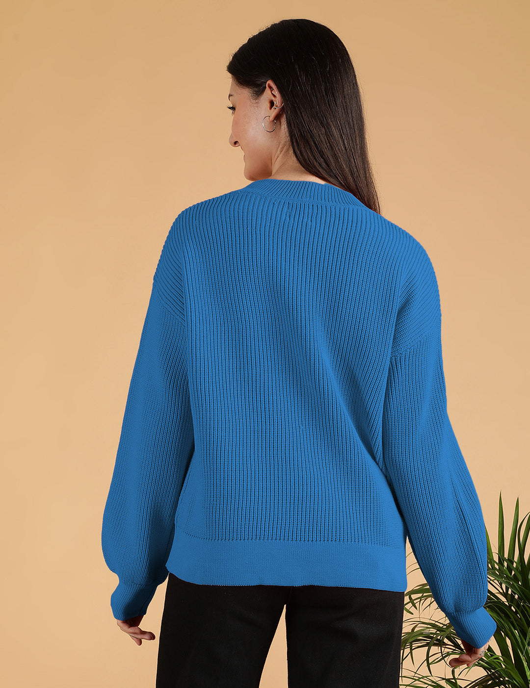 KOTTY Solid Round Neck Casual Women Blue Sweater 