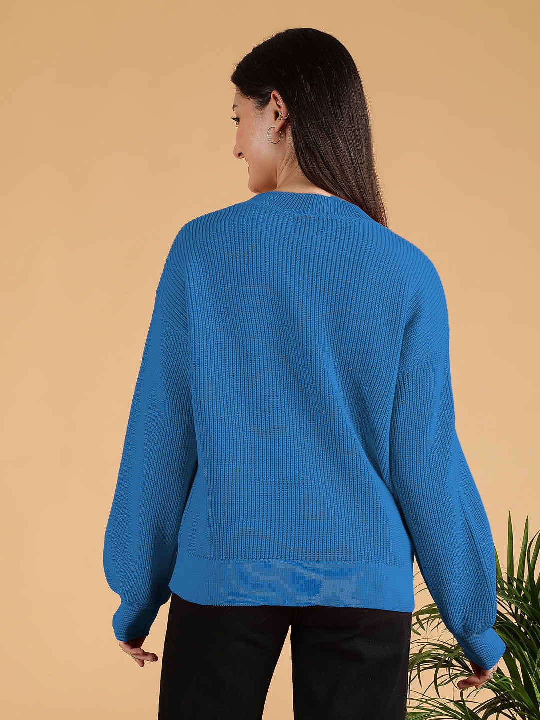 KOTTY Solid Round Neck Casual Women Blue Sweater 
