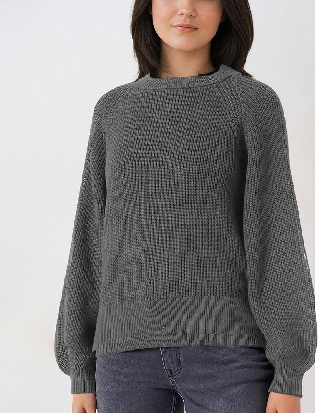 KOTTY Self Design Round Neck Casual Women Grey Sweater 