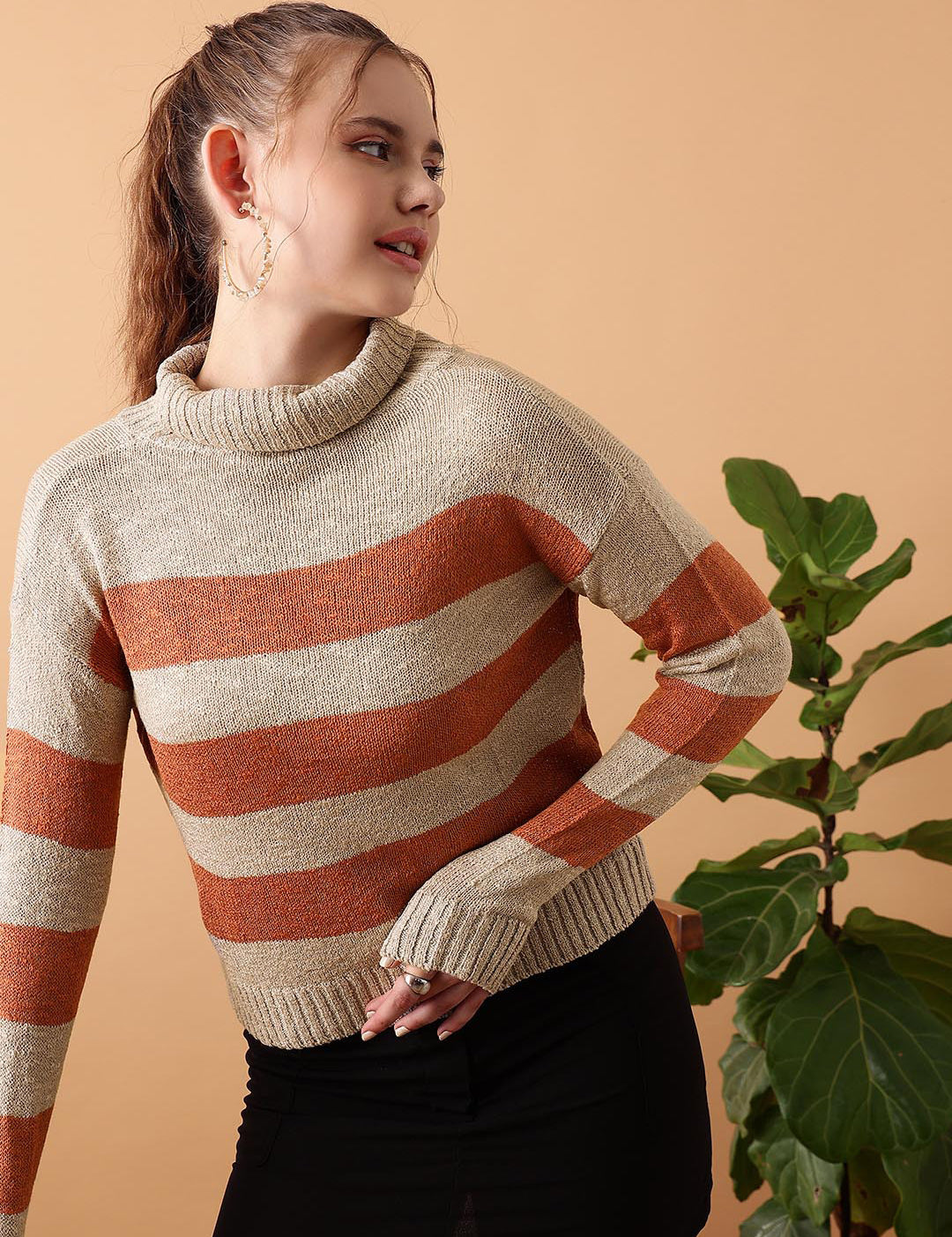 KOTTY Striped Round Neck Casual Women Multicolor Sweater 