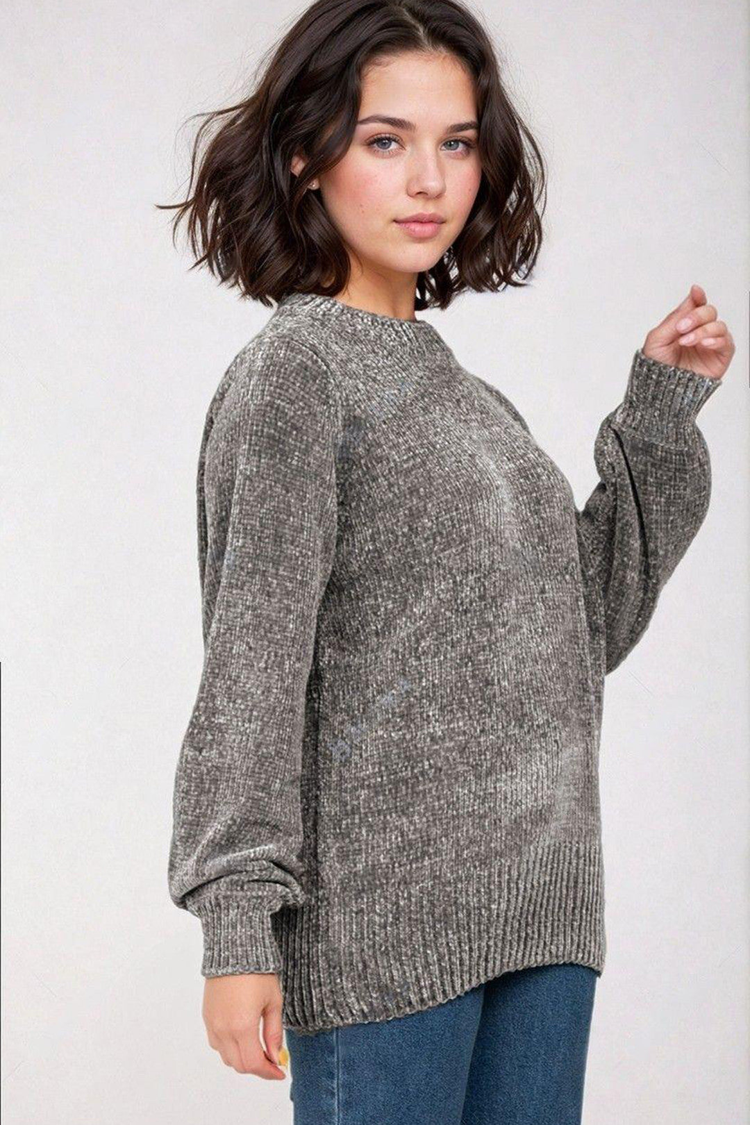 KOTTY Self Design High Neck Casual Women Grey Sweater 