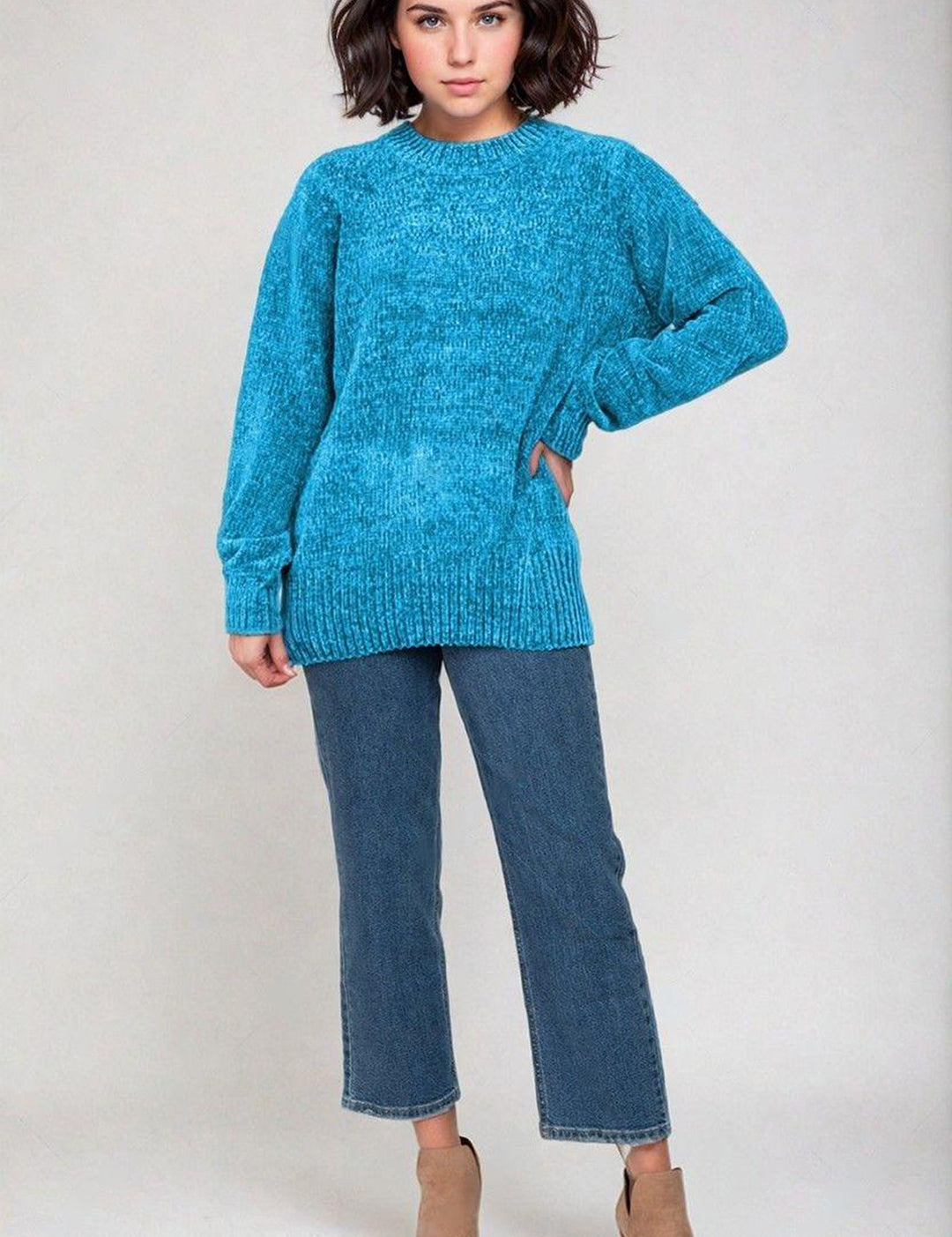 KOTTY Self Design High Neck Casual Women Blue Sweater 