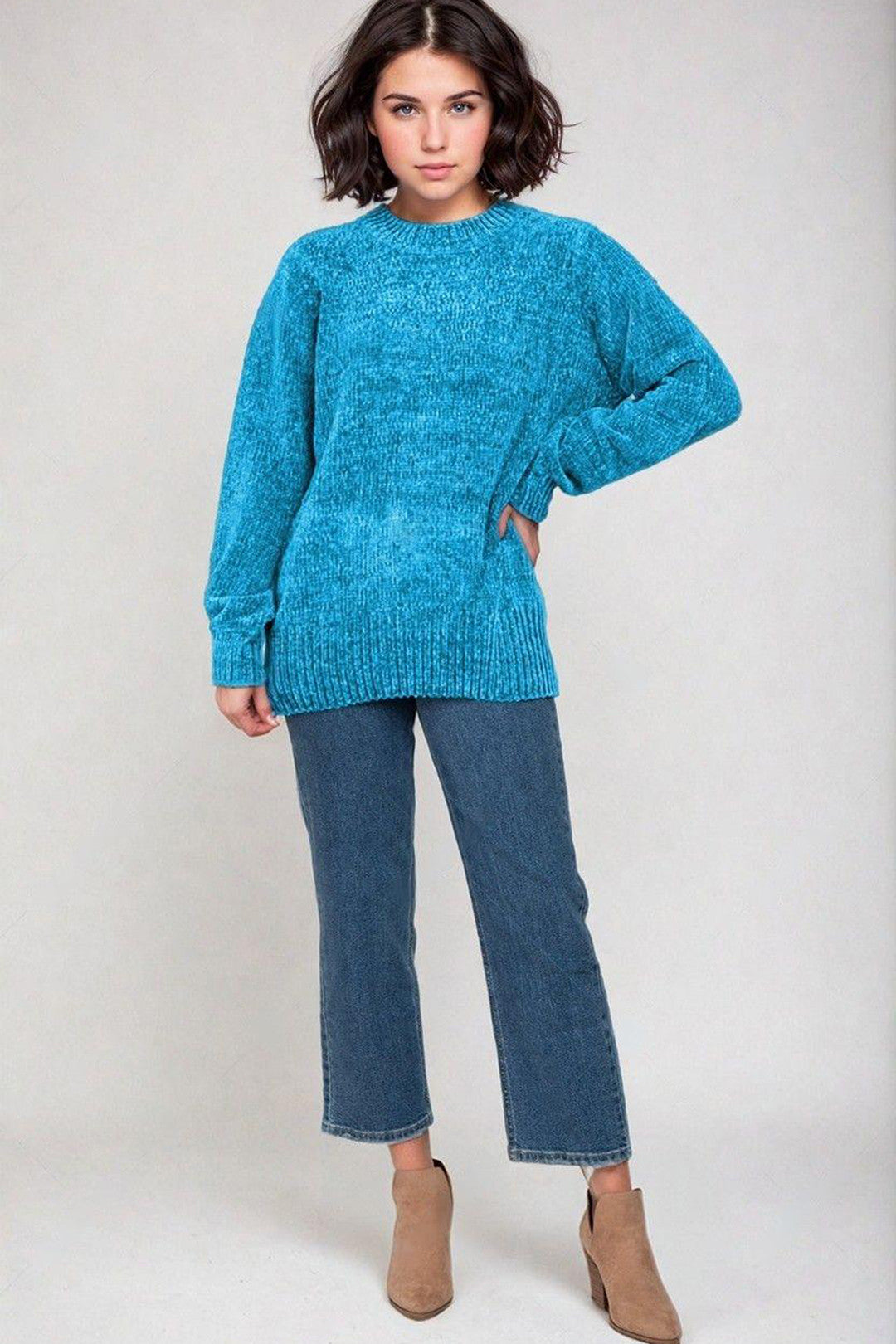 KOTTY Self Design High Neck Casual Women Blue Sweater 