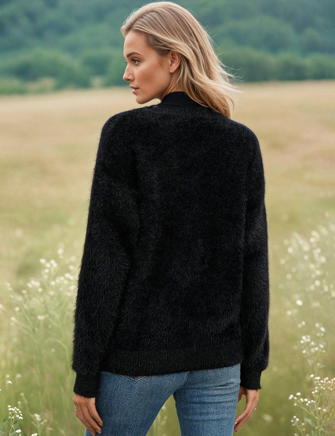 KOTTY Solid, Self Design High Neck Casual Women Black Sweater 