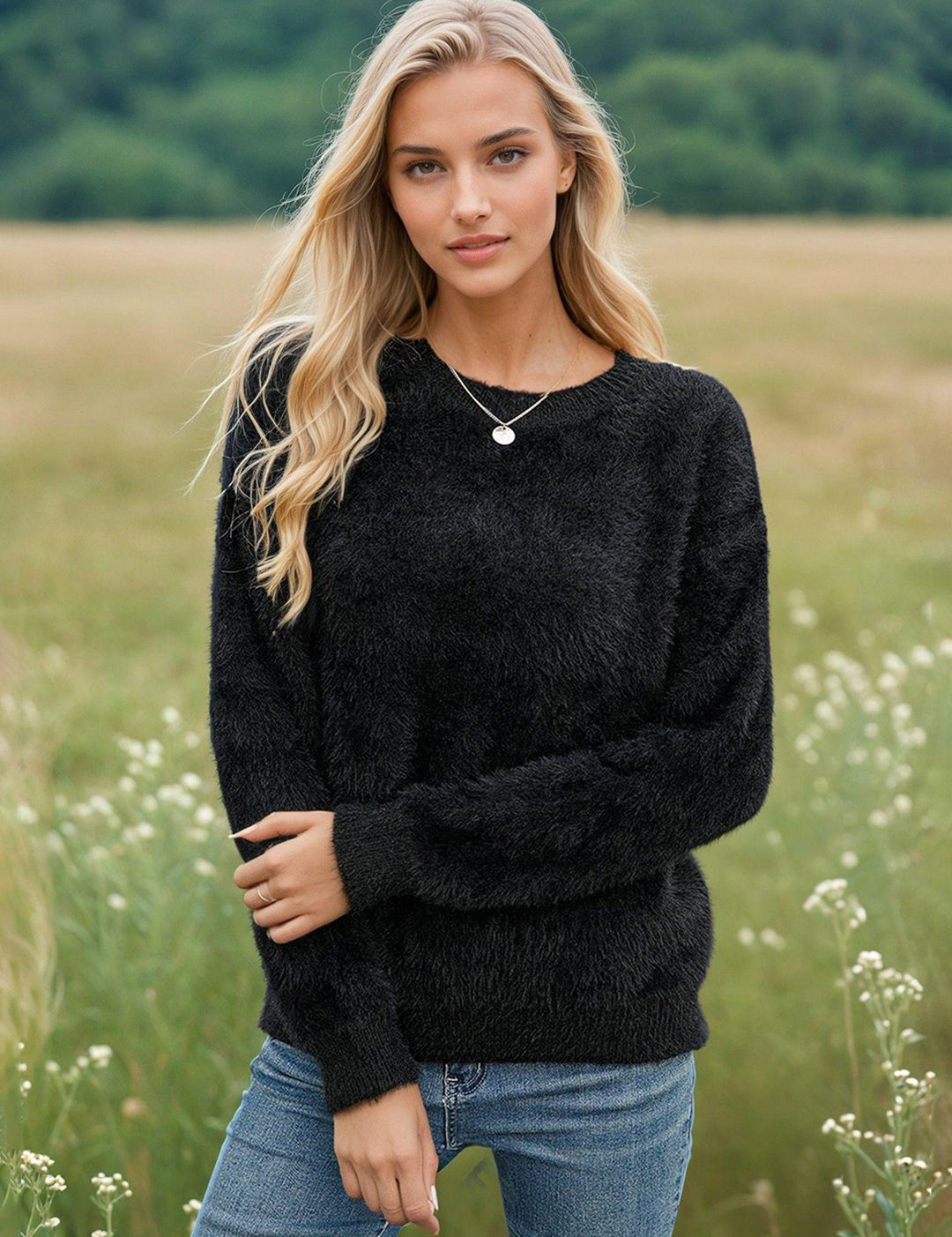 KOTTY Solid, Self Design High Neck Casual Women Black Sweater 