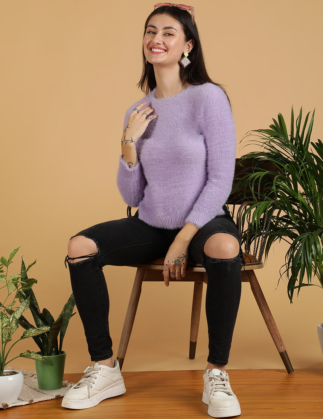 KOTTY Self Design Round Neck Casual Women Purple Sweater 