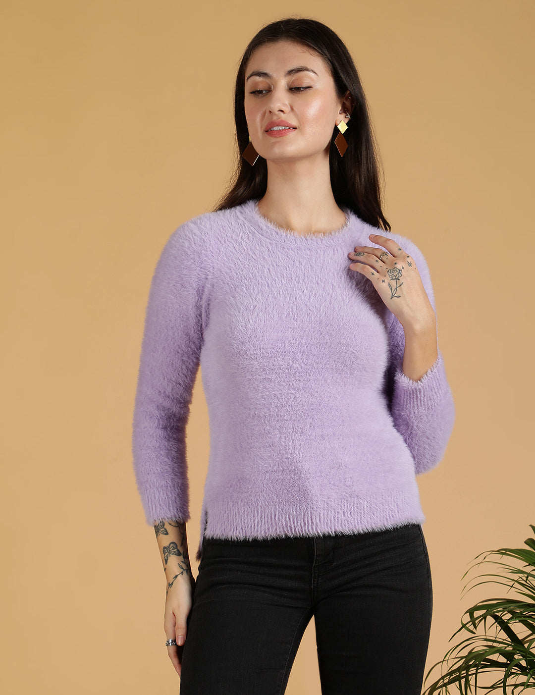 KOTTY Self Design Round Neck Casual Women Purple Sweater 
