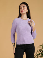 KOTTY Self Design Round Neck Casual Women Purple Sweater 