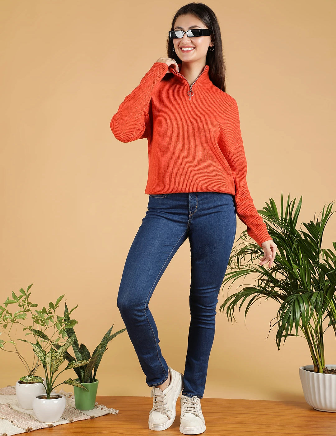 KOTTY Solid Turtle Neck Casual Women Red Sweater 