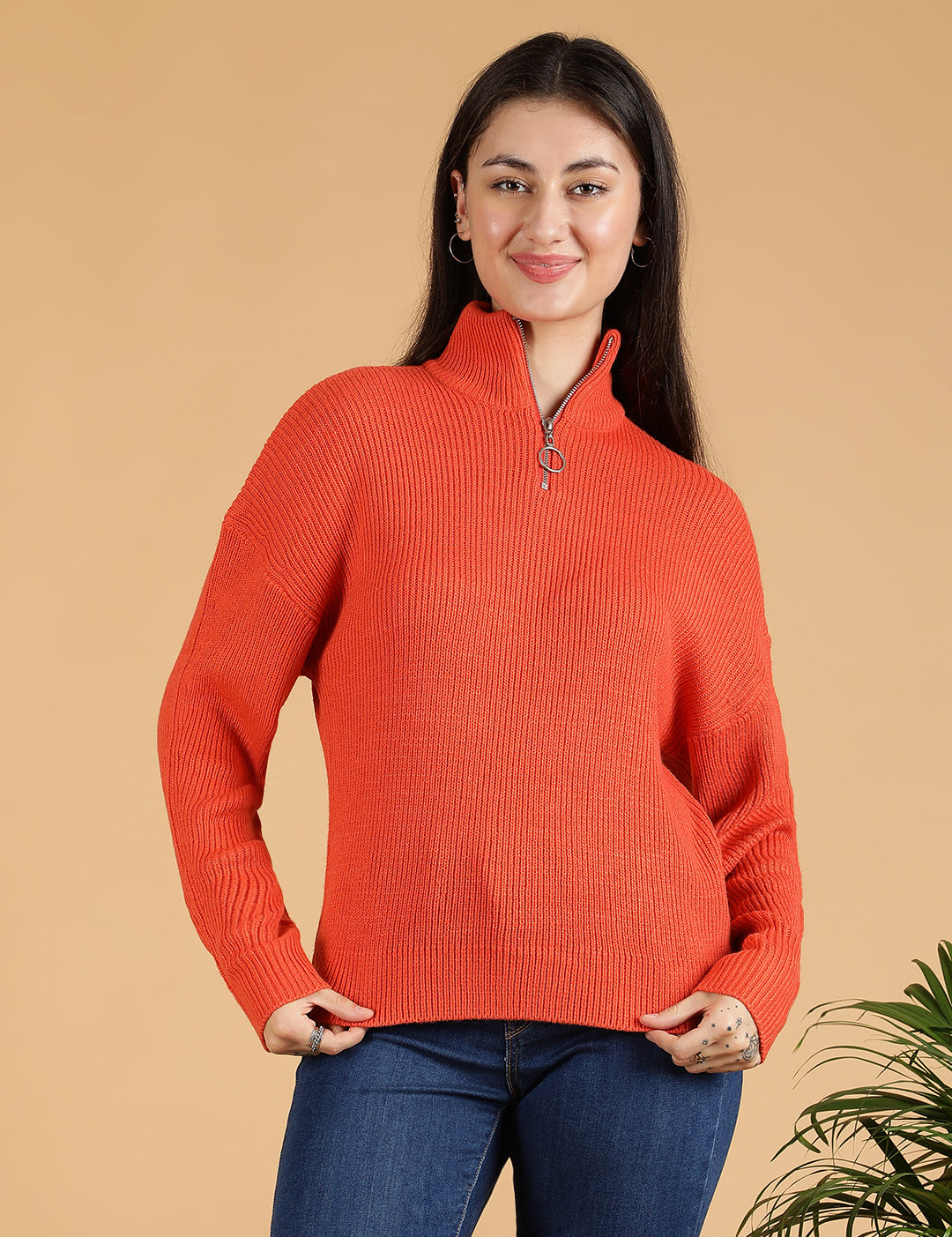 KOTTY Solid Turtle Neck Casual Women Red Sweater 