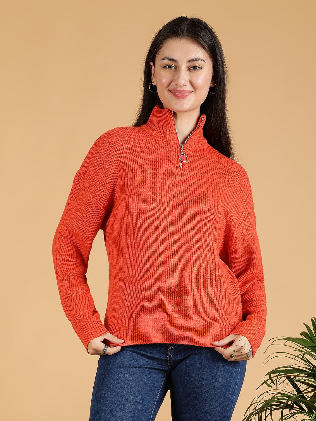 KOTTY Solid Turtle Neck Casual Women Red Sweater 