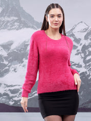 KOTTY Solid Round Neck Casual Women Pink Sweater 