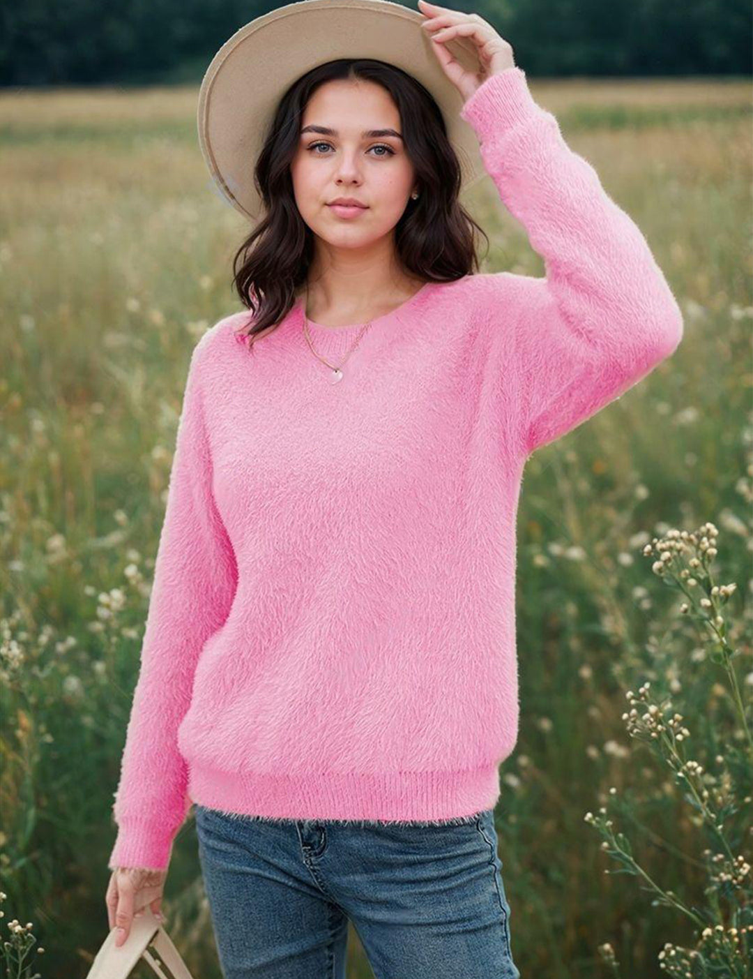 KOTTY Self Design Round Neck Casual Women Pink Sweater 