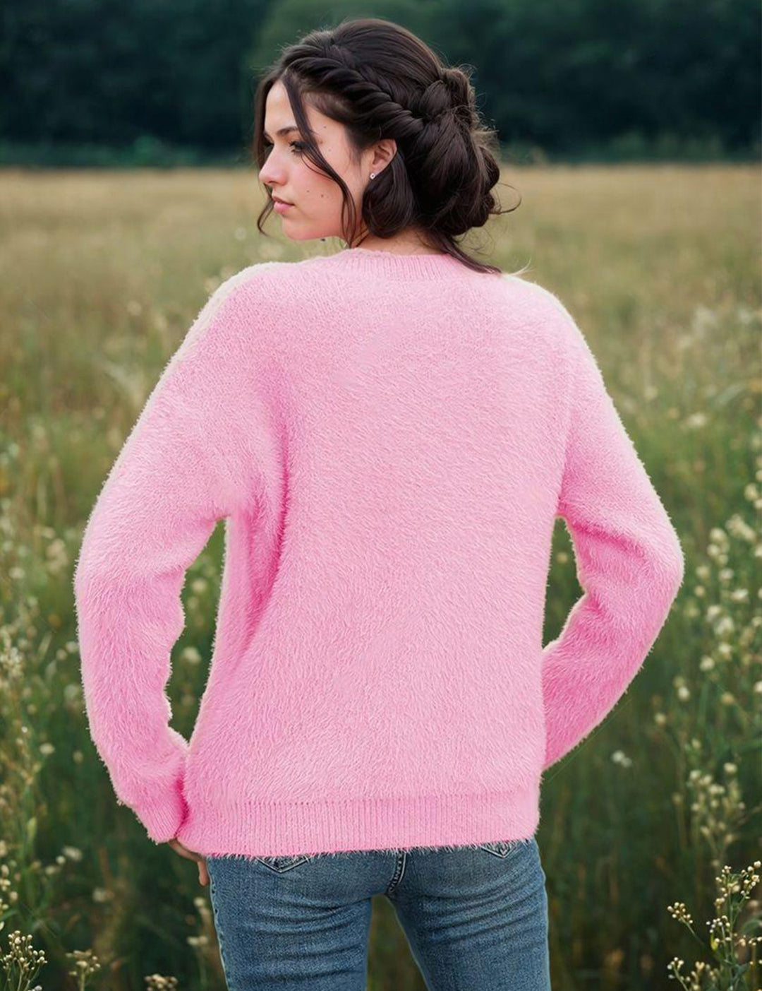 KOTTY Self Design Round Neck Casual Women Pink Sweater 
